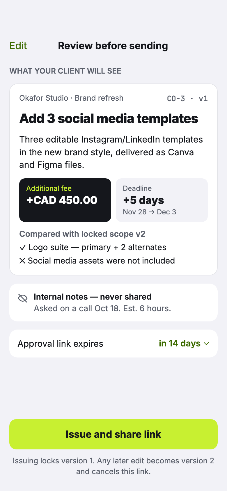 Change order review: add 3 social media templates, plus CAD 450.00 and 5 days, compared with locked scope version 2.