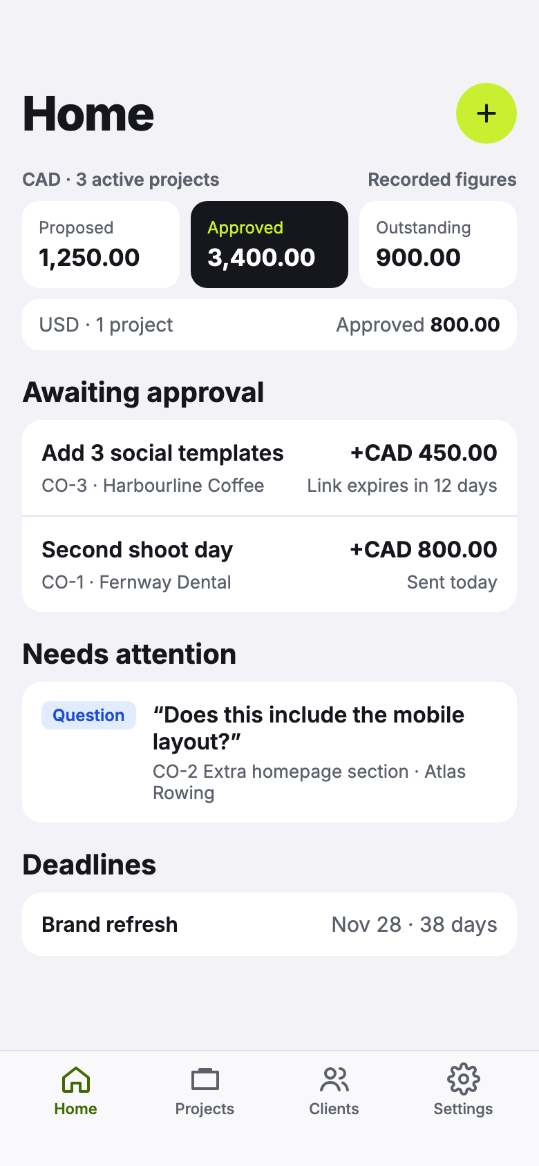 Home screen: CAD totals for proposed, approved and outstanding work, change orders awaiting approval, and a client question.
